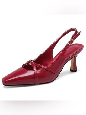 Red Patent Slingback Mid Heel Pumps with Buckle Accent